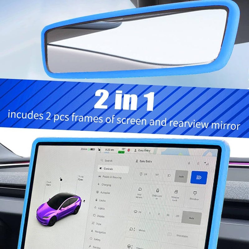 Yeapop 2Pcs Silicone Protector Frames of Screen and Rear View Mirror for Tesla Model 3 2024 Highland and Model Y 2025 Juniper. (Blue) - Image 3
